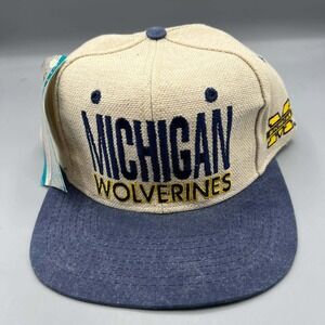 Vintage Michigan Wolverines‎ Hat Men Beige Blue Signatures Snap Back Cap New